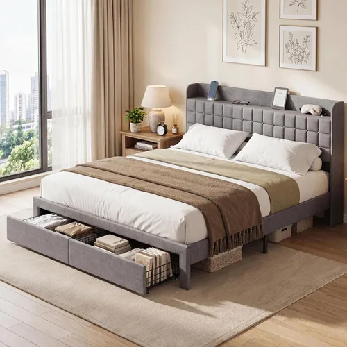 Miniatura 12 de DUMOS Base de cama tapizada de tamaño matrimonial, cama matrimonial con cajones de almacenamiento y cabecera de tela, soporte de listones de madera