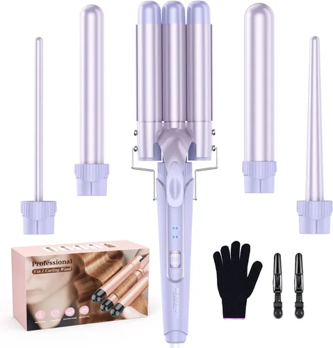 Varita Rizadora Onduladora - Set de Varita Rizadora BESTOPE PRO 5 en 1 con Rizador de Cabello de 3 Barriles para Mujeres, Varita Rizadora de Púrpura