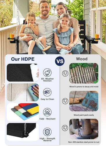 Miniatura 8 de Plawdlik Columpios de porche, silla de patio de 2 asientos con dos portavasos, banco impermeable de polietileno de alta densidad para patio