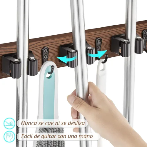 Miniatura 3 de OUTNILI Soporte de pared para escoba de fregona con 3 ranuras y 4 ganchos, colgador de escoba de madera para organización de cocina de despensa