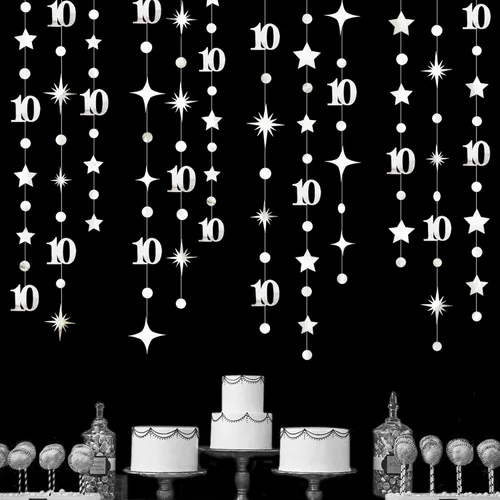 Miniatura 9 de Decoraciones negras de cumpleaños número 10, guirnalda de estrellas centelleantes con diseño de círculos, telón de fondo metálico para niñas, niños