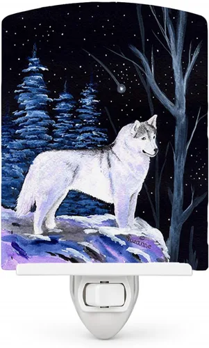 Caroline's Treasures SS8400CNL - Luz nocturna de cerámica con forma de husky siberiano de noche estrellada, compacta, certificación UL, ideal para