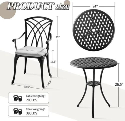 Miniatura 5 de Juego de 2 mesas y sillas de bistró de aluminio fundido con agujero para paraguas, juego de bistró al aire libre con cojín para patio (Negro 1)