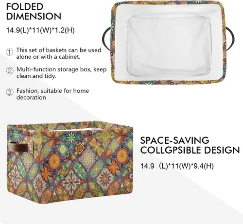 Miniatura 2 de Cesta de almacenamiento con diseño étnico bohemio y floral de mandala grande, caja de almacenamiento plegable para juguetes, organizador de ropa