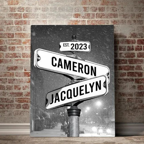 Miniatura 24 de Póster de Lienzo de Señal de Calle Vintage con Nombre Personalizado para Pareja, Póster de Lienzo de Señales de Calle de Encrucijada con Fecha