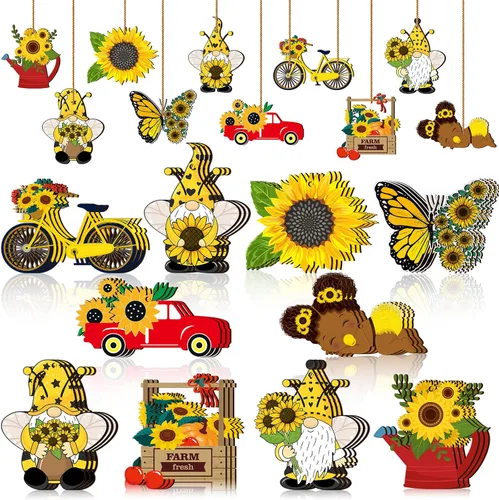 Miniatura 7 de Chunful Adorno de árbol de gnomo de girasol de verano, adornos colgantes de madera para primavera, decoración de árbol pequeño con cuerda