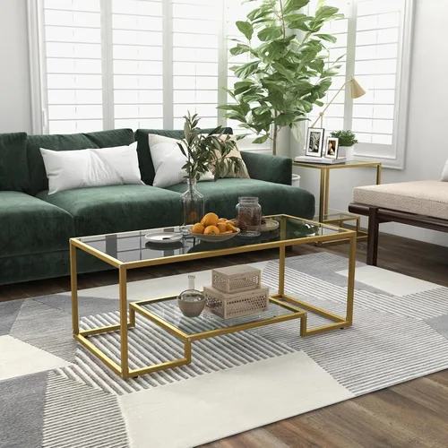 Miniatura 3 de NAFORT Mesa de centro de cristal templado, mesa central moderna rectangular dorada de 45 pulgadas con estante de almacenamiento inferior