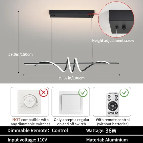 Miniatura 3 de Lámpara colgante LED moderna, lámpara de araña negra de 39.37 pulgadas regulable con control remoto y teléfono, temperatura de color ajustable