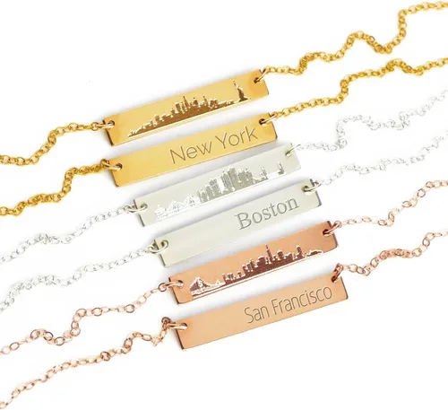 Danique - Collar de barra de perfil personalizado con diseño de ciudad natal, plata de ley u oro de 14 quilates, NYC, Boston, Chicago, San