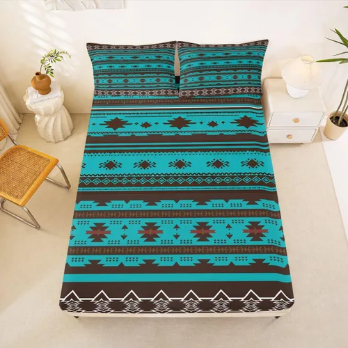 Miniatura 15 de Juego de ropa de cama de estilo bohemio occidental, tamaño individual, diseño de vaca atrapasueños, sábana bajera ajustable del suroeste, tribu