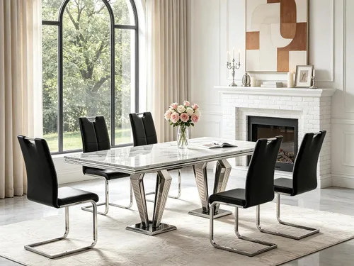 Miniatura 48 de 5 Piece Black Marble Dining Table Set for 4, Modern Faux Marble Kitchen Dining Room Tables with 4 Leather Chairs Set, 68.11" Luxury Rectangular