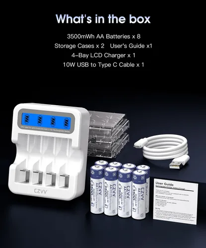 Miniatura 7 de Baterías recargables AA de litio de 1.5 V, paquete de 8 unidades de gran capacidad de 3500 mWh, doble A compatible con detección de batería baja