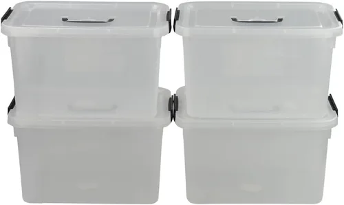 Miniatura 6 de Caja de almacenamiento de plástico de 10 L, caja de pestillo transparente con asa, juego de 4 Pestillos de bloqueo apretado, para armario, garaje