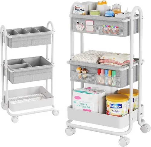 Miniatura 10 de Modanais Carrito organizador de pañales para bebé, carrito de almacenamiento rodante de 3 niveles con ruedas, artículos esenciales para bebé