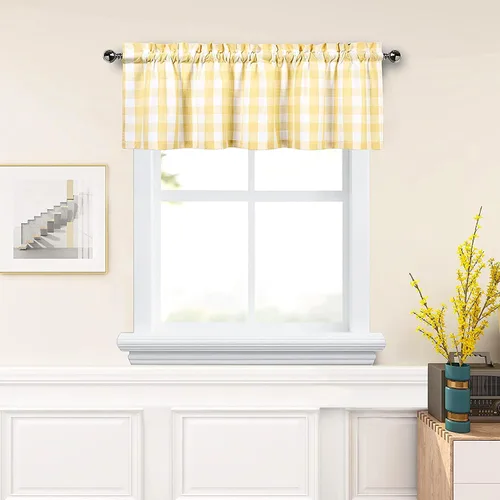 Miniatura 10 de Amzdecor Cortina de lino con cenefa a cuadros blancos y negros, con bolsillo para barra, rústica, para cocina, sala de estar, dormitorio, 1 panel