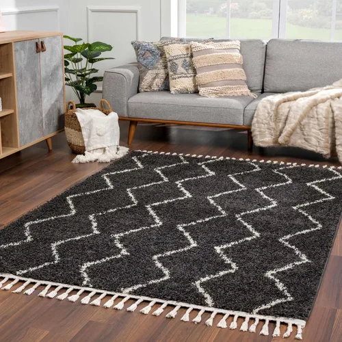 Miniatura 98 de Hauteloom, Duncans - Alfombra de estilo granja de pelo mullido para sala y dormitorio, con borlas - Beige, carbón, gris - 2 pies 7 pulgadas x 7 pies