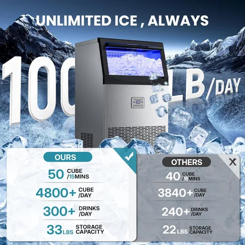 Miniatura 3 de Manastin Máquina de hielo comercial, máquina de hielo grande de 100 libras/24 horas con capacidad de almacenamiento de 33 libras, máquina de hielo