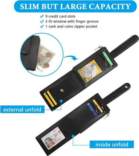 Miniatura 2 de FUNTOR - Carteras pequeñas para mujer, soporte delgado y plegable para tarjetas de crédito con bolsillo para monedas con cremallera, A: Negro