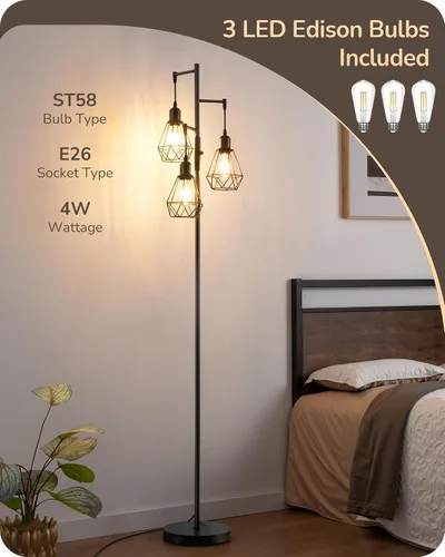 Miniatura 6 de EDISHINE Lámparas de Pie Estilo Granja de 70 Pulgadas para Sala de Estar, Lámparas Industriales Altas de Pie Regulables con 3 Bombillas LED Edison