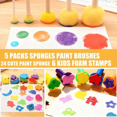 Miniatura 4 de Paquete de 53 pinceles de esponja para pintura, pinceles de pintura lavables, juego de pintura para niños pequeños, rodillo de espuma de aprendizaje