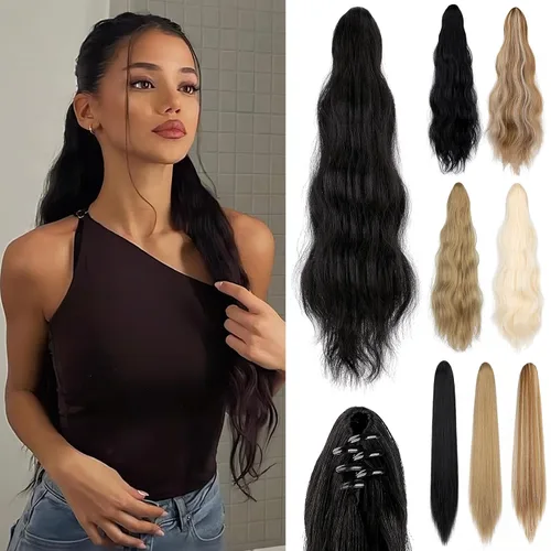 Miniatura 10 de Extensión de cola de caballo de 22 pulgadas y 24 pulgadas de largo, ondulado y lacio, extensiones de cabello sintético de aspecto natural
