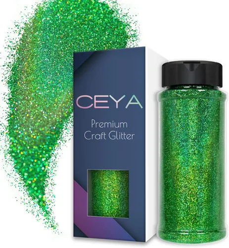 Ceya 110g/ 3.8oz Polvo de Purpurina Holográfica Ultra Fina Láser Verde 1/128” 0.008” 0.2mm para Slime, Resina Epoxy, Manualidades, Vaso, Joyería,