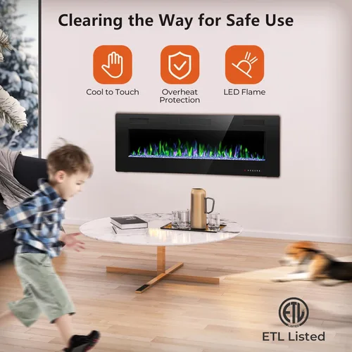 Miniatura 4 de Crzoe Chimenea eléctrica, empotrada y montada en la pared con control remoto, temporizador, color de llama ajustable y velocidad, insertos