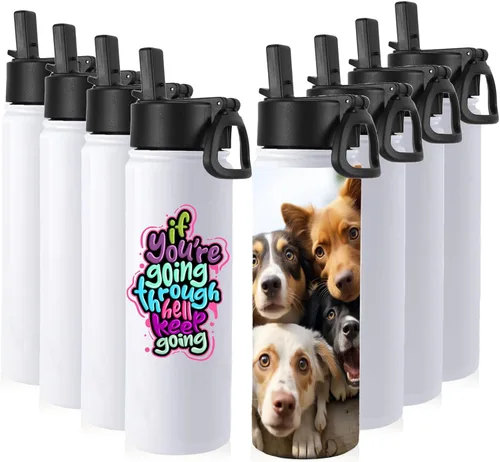 Miniatura 23 de Volhoply Botellas de agua aisladas con popote a granel, paquete de 4, botella deportiva de acero inoxidable de 22 onzas con tapa, vasos de agua
