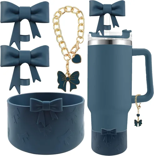 Miniatura 28 de Conjunto de accesorios para taza Hpebl para Stanley, incluye 2 tapas de pajita con moño lindo de 10 mm, tapones reutilizables para pajita, 1 funda