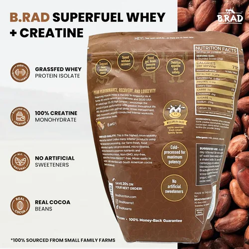 Miniatura 2 de B.rad Superfuel - Aislamiento de proteína de suero alimentado con pasto potenciado con creatina Ingredientes frescos y fáciles de digerir 2