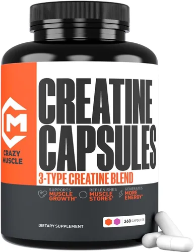 Crazy Muscle Cápsulas de Creatina, 5g de Ganador de Masa a Granel Pre Entreno ThreeAtine Premium 3X, Alta Absorción Fácil de Tomar Monohidrato de