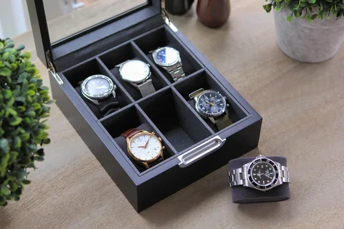 Miniatura 7 de CASE ELEGANCE Caja de reloj moderna 2x3 acabado negro con mango de aluminio personalizado 6 ranuras con vidrio real