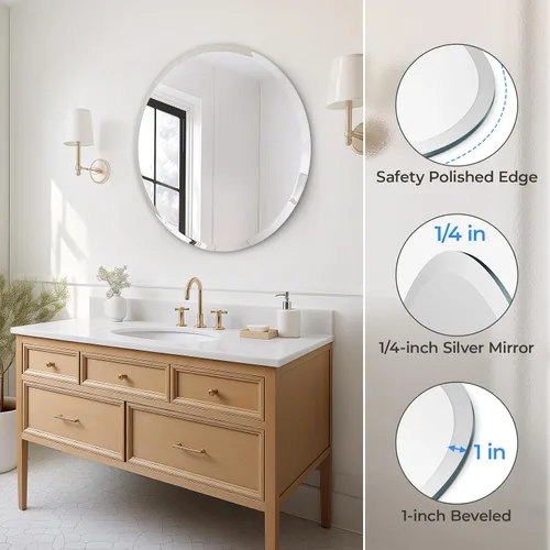 Miniatura 2 de USHOWER Espejo de pared redondo sin marco de 30 pulgadas con borde biselado, espejo circular para baño y tocador, aspecto elegante y simple