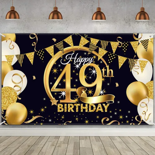 Miniatura 9 de Decoración de fiesta de cumpleaños número 15, cartel póster de tela extra grande negro y dorado para telón de fondo de cabina de fotos