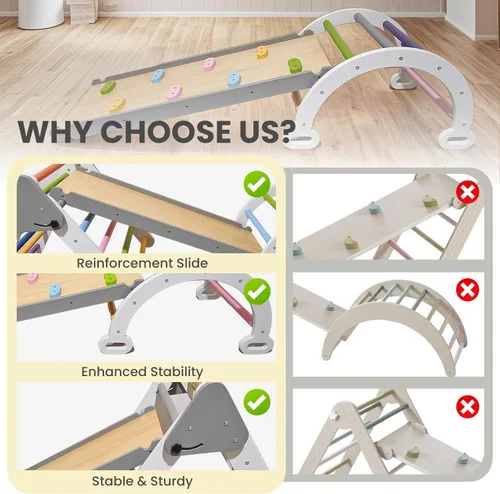 Miniatura 8 de Pikler - Juego de escalada triangular para niños pequeños 7 en 1, juego de escalador de interior de arco iris, plegable, juguete de escalada