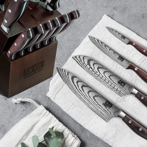 Miniatura 6 de SHAN ZU Juego de Cuchillos de 16 piezas, Cuchillo de Cocina Japonés con Bloque de Acero Inoxidable de Alto Carbono, Cuchillo Ultra Afilado