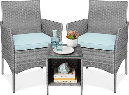 Miniatura 15 de Best Choice Products Juego de 3 piezas de mimbre para conversación al aire libre, muebles de patio que ahorran espacio para jardín con mesa