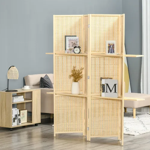 Miniatura 11 de Divisor de habitación plegable de 4 paneles, panel de privacidad de madera de Paulownia independiente de 5.6 pies con estantes de almacenamiento