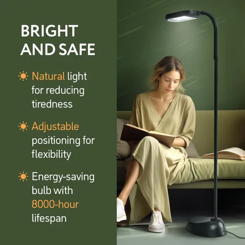 Miniatura 2 de Kenley - Lámpara de pie de luz natural - Luz de pie para leer, manualidades, coser - Pico ajustable - Lámparas de tarea para sala de estar, Negro