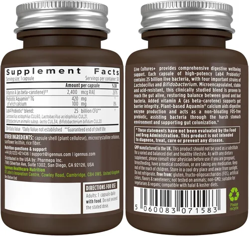 Miniatura 8 de Probióticos y prebióticos Igennus, Lactobacillus acidophilus y bifidobacterias, Live Cultures+ Lab4, garantizado 25 mil millones de UFC