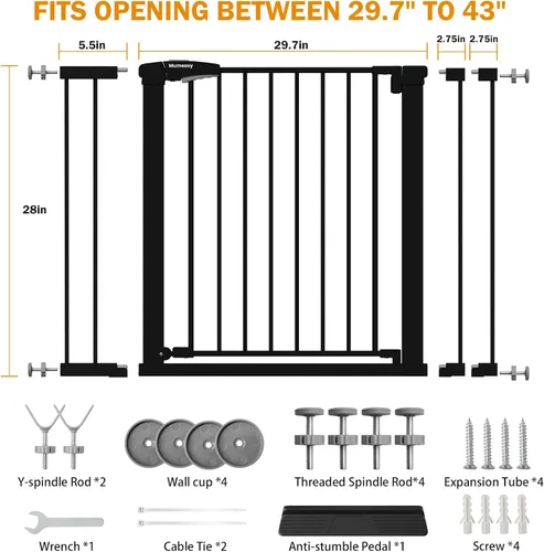 Miniatura 2 de Puerta de bebé para escaleras, puerta de perro con cierre automático de 29.7-43 pulgadas para puertas y pasillos, puerta para mascotas montada a