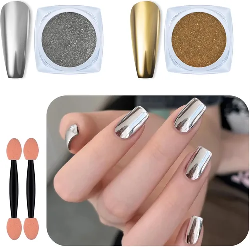 Miniatura 7 de Artdone 16 tarros de polvo de perlas cromadas para uñas plateadas y doradas, espejo iridiscente aurora, pigmento metálico para uñas, pigmento