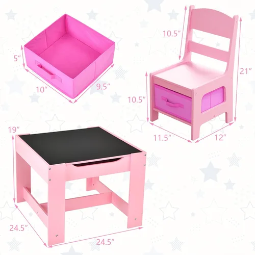 Miniatura 6 de Olakids Juego de mesa y silla para niños, juego de escritorio de madera 3 en 1 con pizarra extraíble, cajón de almacenamiento, mesa de actividades