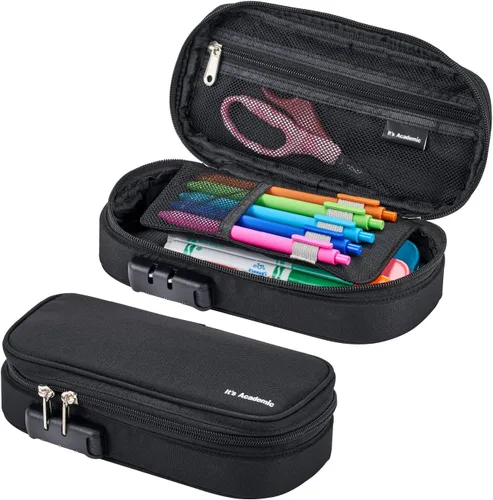 It's Academic Estuche para lápices con bloqueo, para suministros escolares y de oficina, bolsa organizadora de viaje, compacta, de alta capacidad,