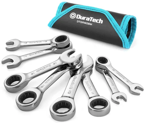 DURATECH Stubby - Juego de llaves combinadas de trinquete, métricas, 8 piezas, 10, 11, 13, 14, 16, 17, 18, 0.748 in, acero CR-V, con bolsa
