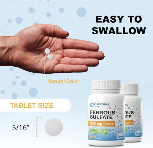 Miniatura 6 de Puregen Labs - Suplemento de hierro de alta potencia con sulfato ferroso de 325 mg (65 mg de hierro elemental), sin aditivos de color artificial