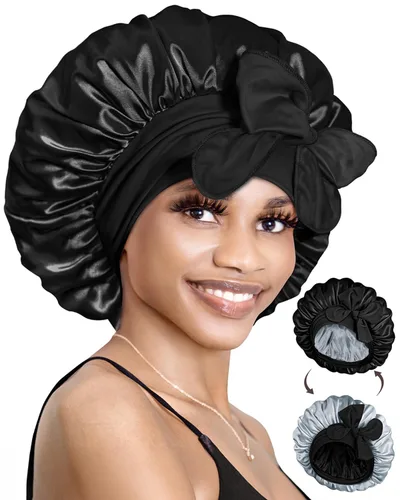 Miniatura 13 de BONNET QUEEN Gorro de seda para dormir, gorro de satén con lazo para el cabello, doble capa, para mujeres, cabello rizado, color marrón