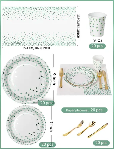 Miniatura 3 de Nkaiso 141 piezas de suministros de fiesta de puntos verdes, juegos de decoración de fiesta desechables incluyen platos de papel, servilletas