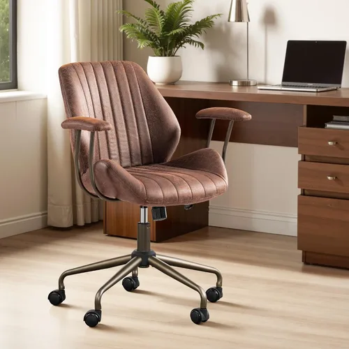 ovios Silla de oficina en casa, sillas ergonómicas de piel sintética de mediados de siglo, respaldo medio, cómodo sillón ejecutivo giratorio para
