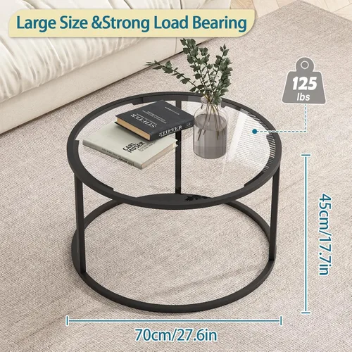 Miniatura 2 de Mesa de café redonda, pequeña mesa de café negra para sala de estar, mesa central moderna de 27" con tapa de vidrio transparente y marco de metal